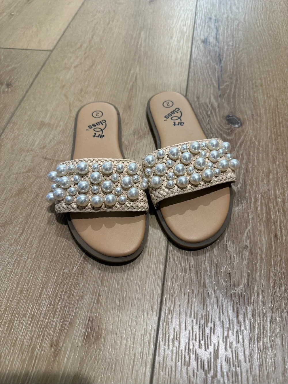 art class Pearl-Studded Tan Slide Sandals - Girls